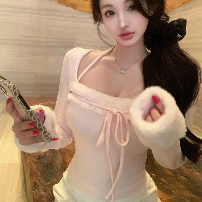 270g Plush Patchwork Square Neck Halter Long Sleeve Women s Slim Fit Base Layer Top Small розовый