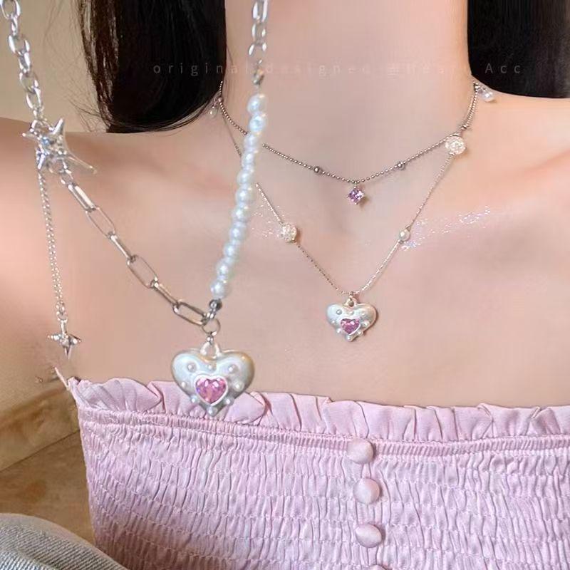Exquisite Double-Layer Pink Heart Zircon Pearl Necklace Women's Beaded Clavicle Chain
