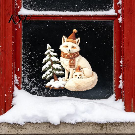 Winter Atmosphere Sticker Christmas Fox Window Clings, Forest Animal Double-Side Sticker, Cute Graphics Reusable Static Glass Decals for Holiday