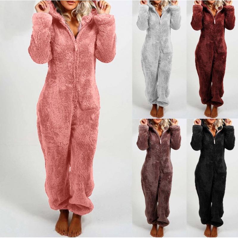 2024 Trendy EU & US Fall/Winter Fleece-Lined Thick Hooded Jumpsuit Pajamas for Women