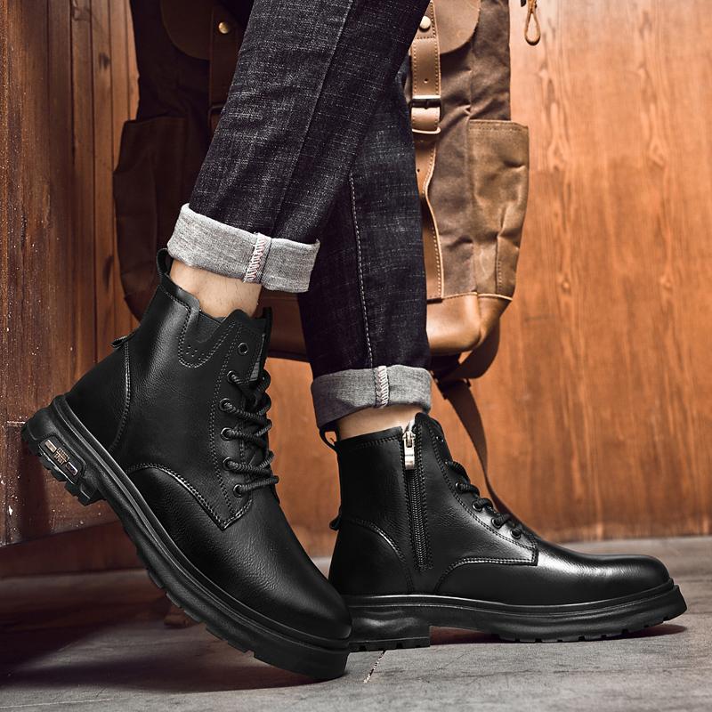 Herbst Winter Neue Lederstiefel für Herren Schwarze Stiefel Plateau-Stiefel Allround Herrenstiefel High Top Herren-Sneakers