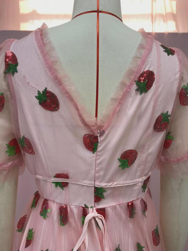 French Strawberry Sequin Pleated Dress with Mesh Straps - Summer Long Skirt, Two-Tone Design, 25 Options (LS8265)