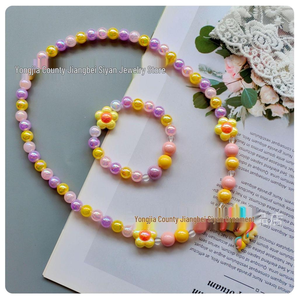 Kids' Colorful Candy Bead Necklace & Bracelet Set with Flower & Unicorn Design