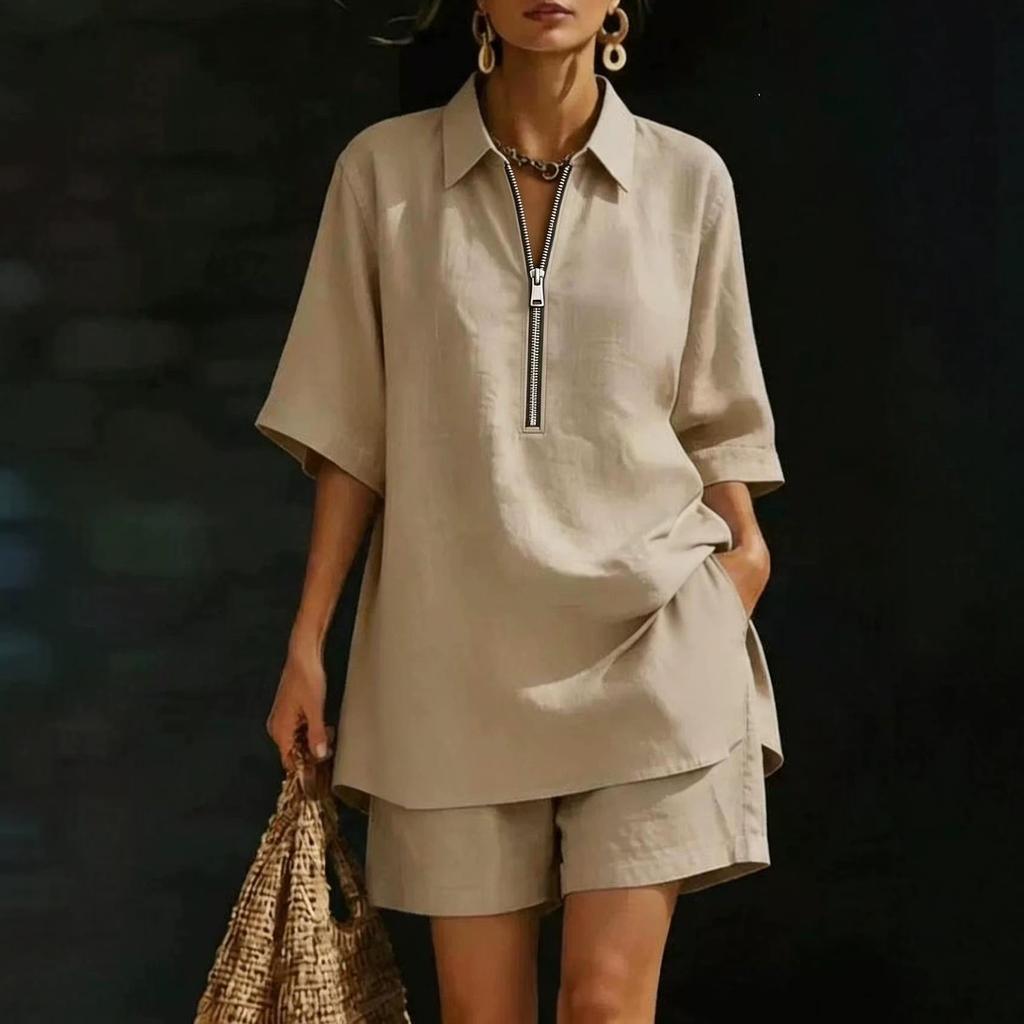 Cross-border Amazon 2026 popular women's casual suit, top and shorts two-piece suit, zipper waist
