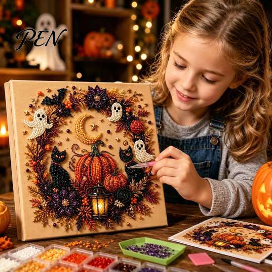 Halloween Faux Pearl Art Kit DIY Kit, Spooky Cute 3D Diamond Painting Craft Projects for Adults Craft, Witch Black Cat Pumpkin Ghost Wall Adults,