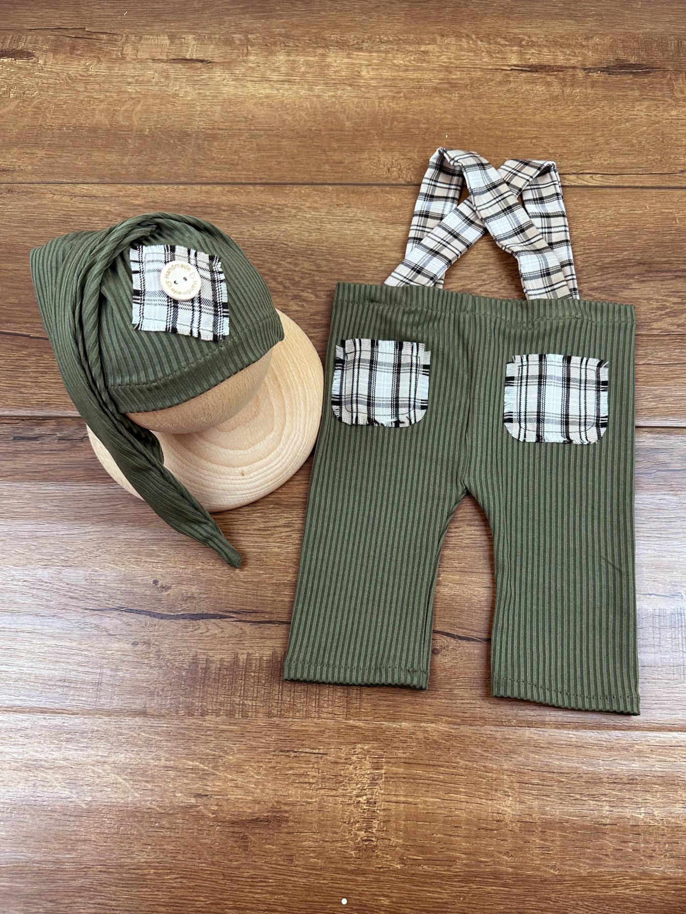 2-Piece Newborn Photoshoot Outfit: Hat & Overalls Newborn оливковое зеленый