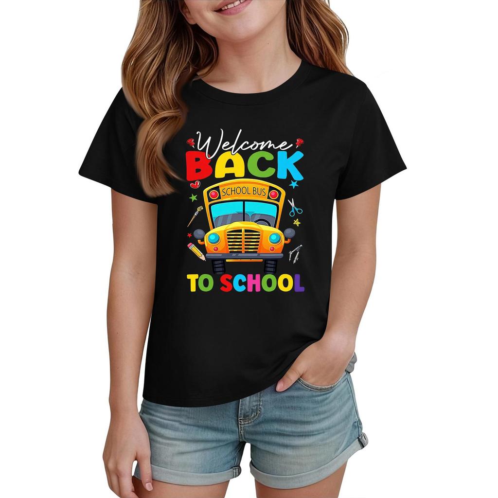 Kids Short Sleeve T Shirt Casual Crew Neck Top Children Back To School Printed Tee Lightweight Comfortable Fit