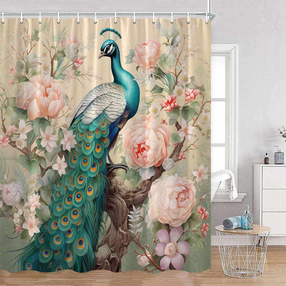 Peacock Shower Curtain Beautiful Blue Bird Pink Flower Tree Chinese Style Elegant Bath Curtain Modern Bathroom Decor with Hook