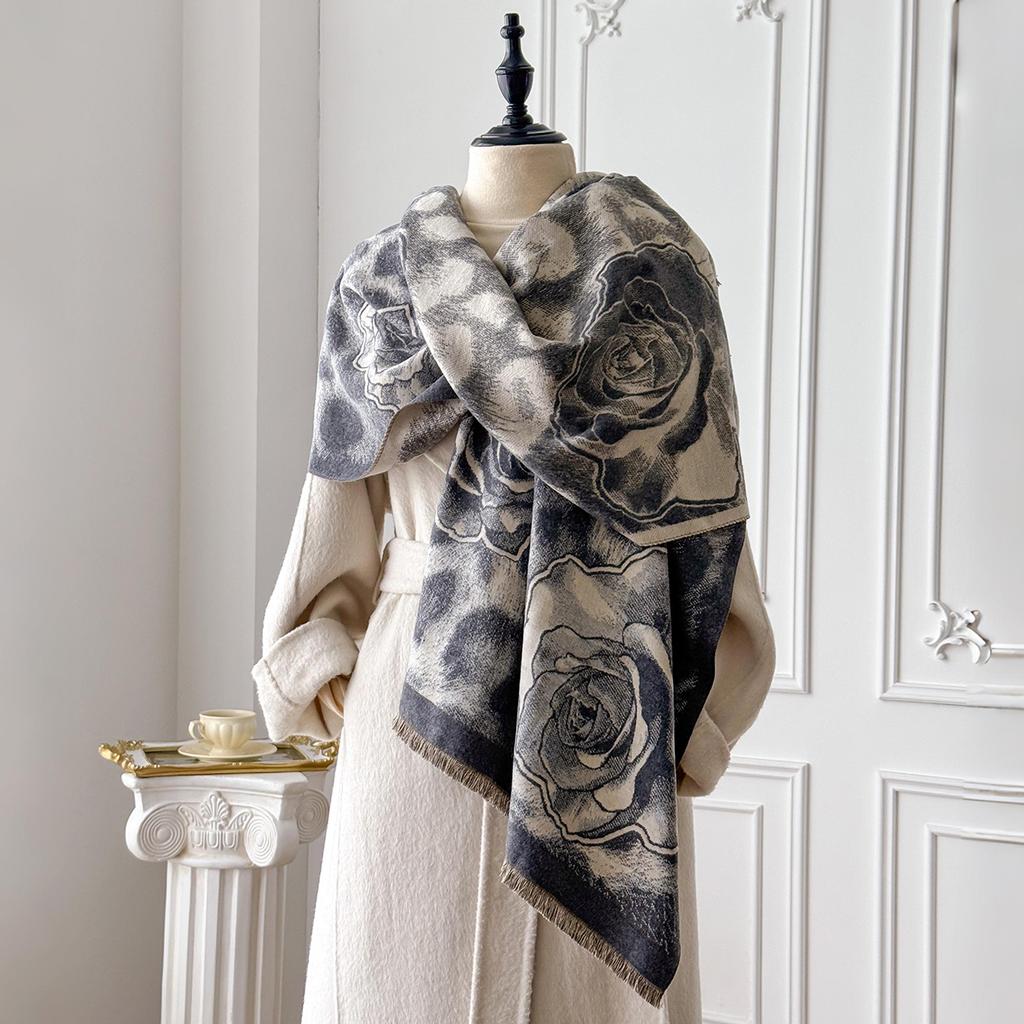 Eleganz Damen Rosen-Leopardenmuster Schals Winterwärmer Pashmina Beidseitige Damen-Schals Dicke Decke Wickeltuch Foulard Schal