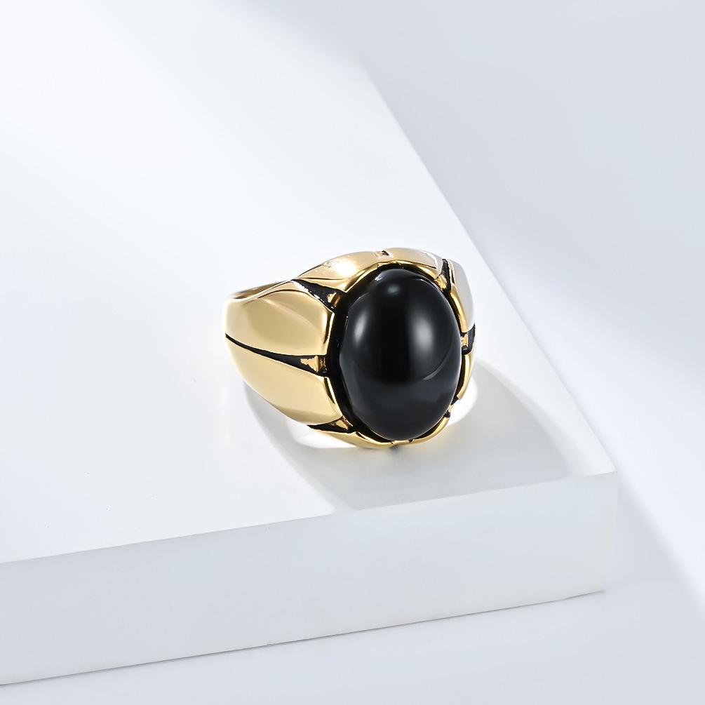 Retro Tiger Eye Titanium Steel Men's Oval Black Gem Ring