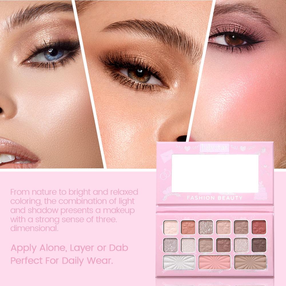 JULYSTAR 15-Color Multi-Functional Face Palette, Eyeshadow Pink Blush Highlighter Bronzer, Long Lasting Matte & Glitter Shimmer Eye Cosmetics Set