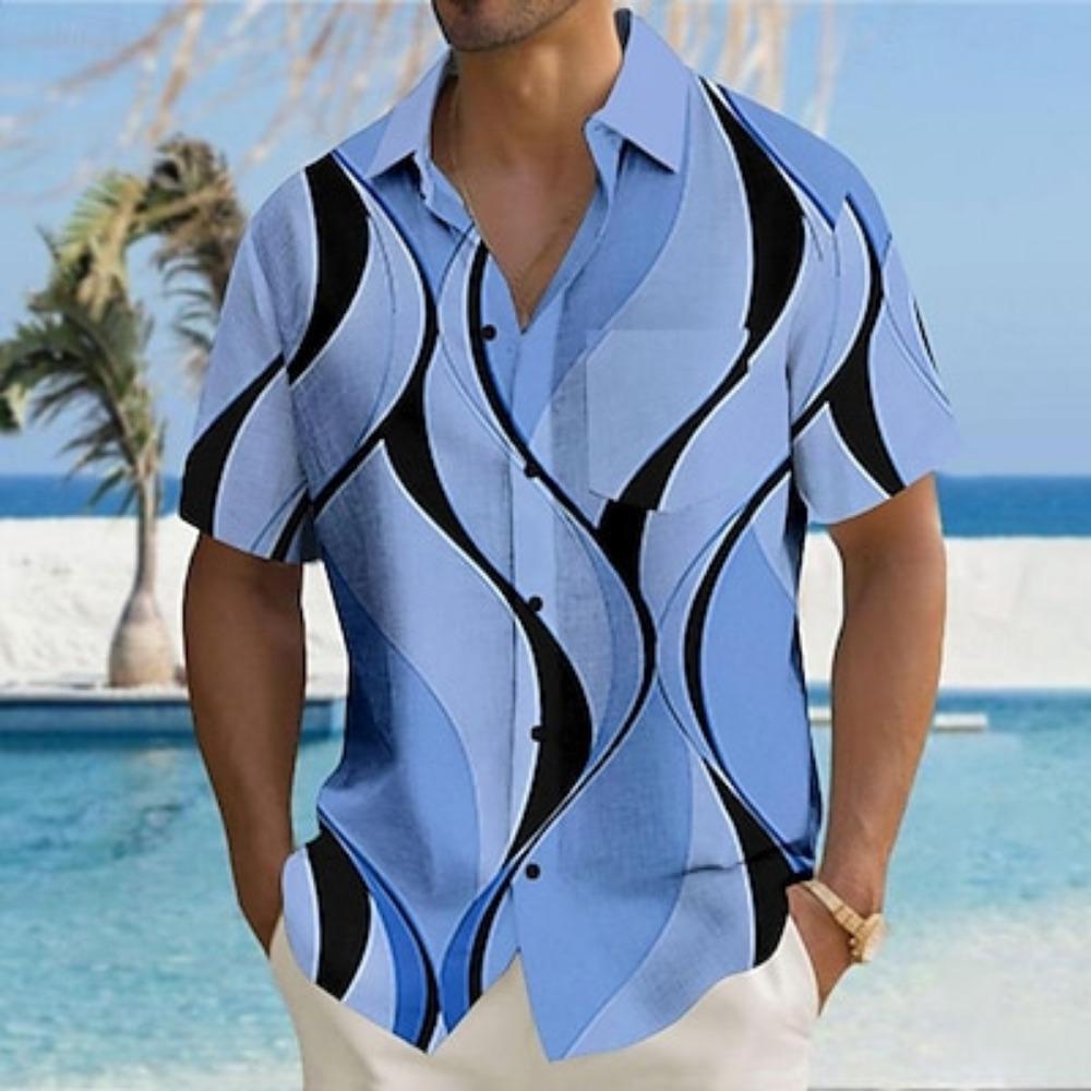 Men's Geometric Line/Wave Printed Button Shirt Hawaii Vacation Casual Daily Summer Collar Short Sleeve Clothing