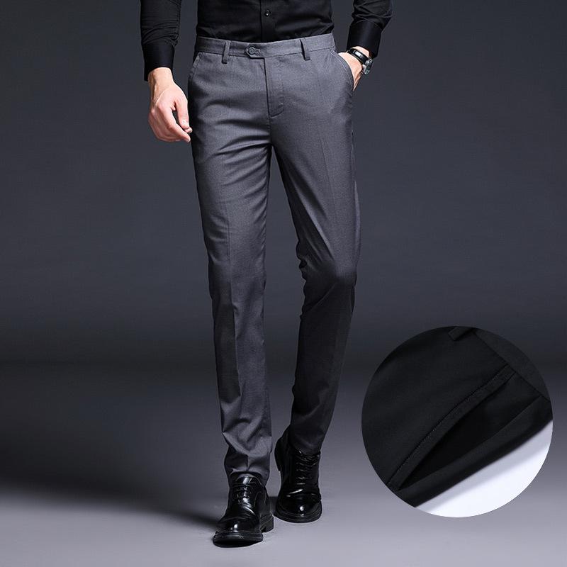 Men's Elastic Slim Fit Business Casual Black Straight-Leg Trousers