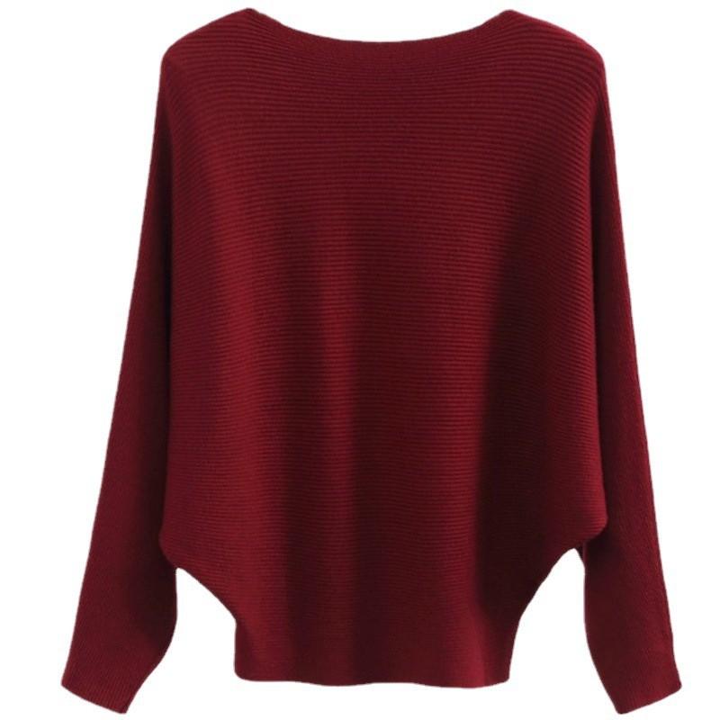 Womens Winter Solid Color Loose Batwing Sleeve Knit Sweater One-Shoulder Neck Long
