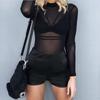 Womens See Through Long Sleeve High Neck Arm Shaper Top Mesh Blouse Casual T-Shirt