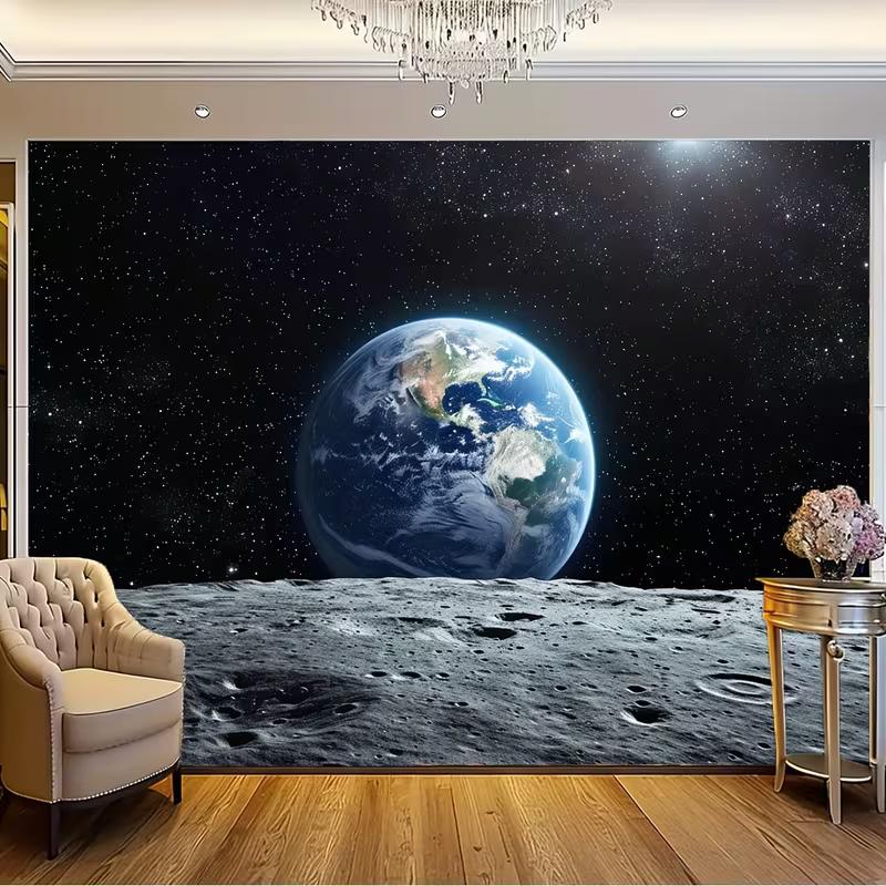 2D Flat Printing Space Wall Hanging Earth Rise from Lunar Surface Starry Sky Backdrop