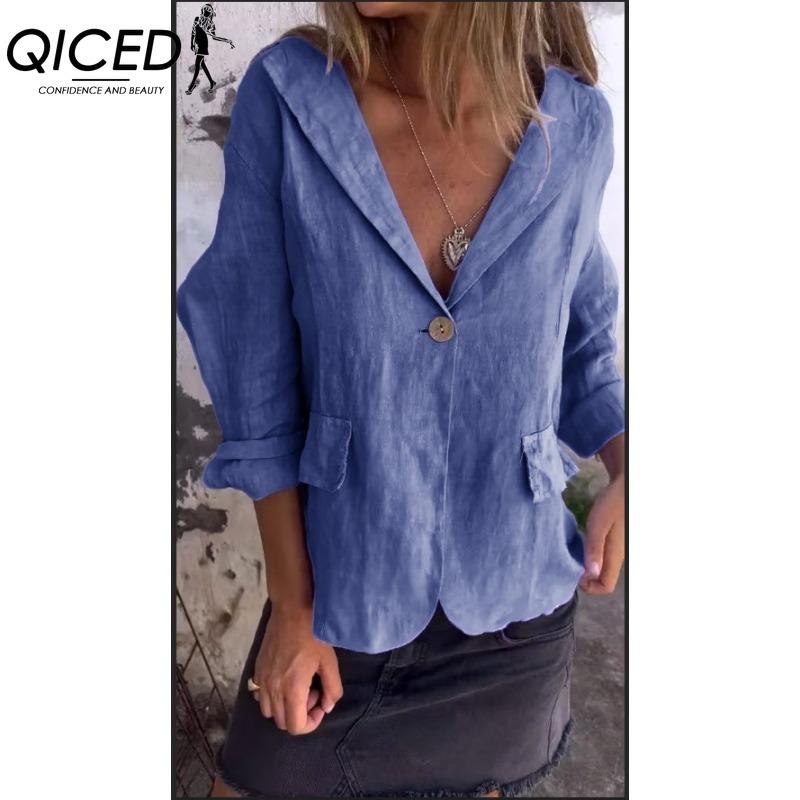 

QICED Женские винтажные повседневные куртки и пальто с принтом «клетка», осенне-зимние, с длинным рукавом и воротником поло XXXXXL джинсовый синий