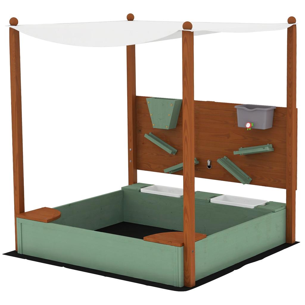 Wood Sandpit with Canopy, Storage Bins, Funnel, Liner, Chutes, Bucket with Tap, 116 X 112.5 X 128 Cm, Green