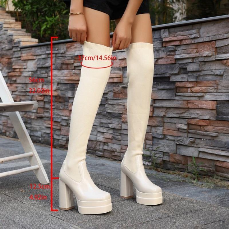 Fashion Women Platform Stretch Knit Sock High Boots Autumn Winter Beige Chunky High Heels Over-the-knee Boots Party Sexy Women's Shoes