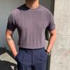 Korean Business Casual Summer New Round Neck Knit T-shirt Youth Men's Solid Jacquard Stripe Screw Thread Short Sleeve Thin Top