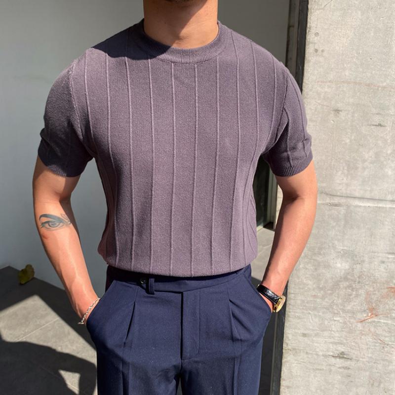 Korean Business Casual Summer New Round Neck Knit T-shirt Youth Men's Solid Jacquard Stripe Screw Thread Short Sleeve Thin Top