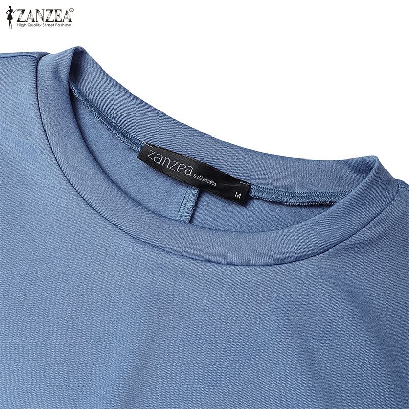 ZANZEA Women Casual Round Neck Summer Short Sleeve Splice Long Dress