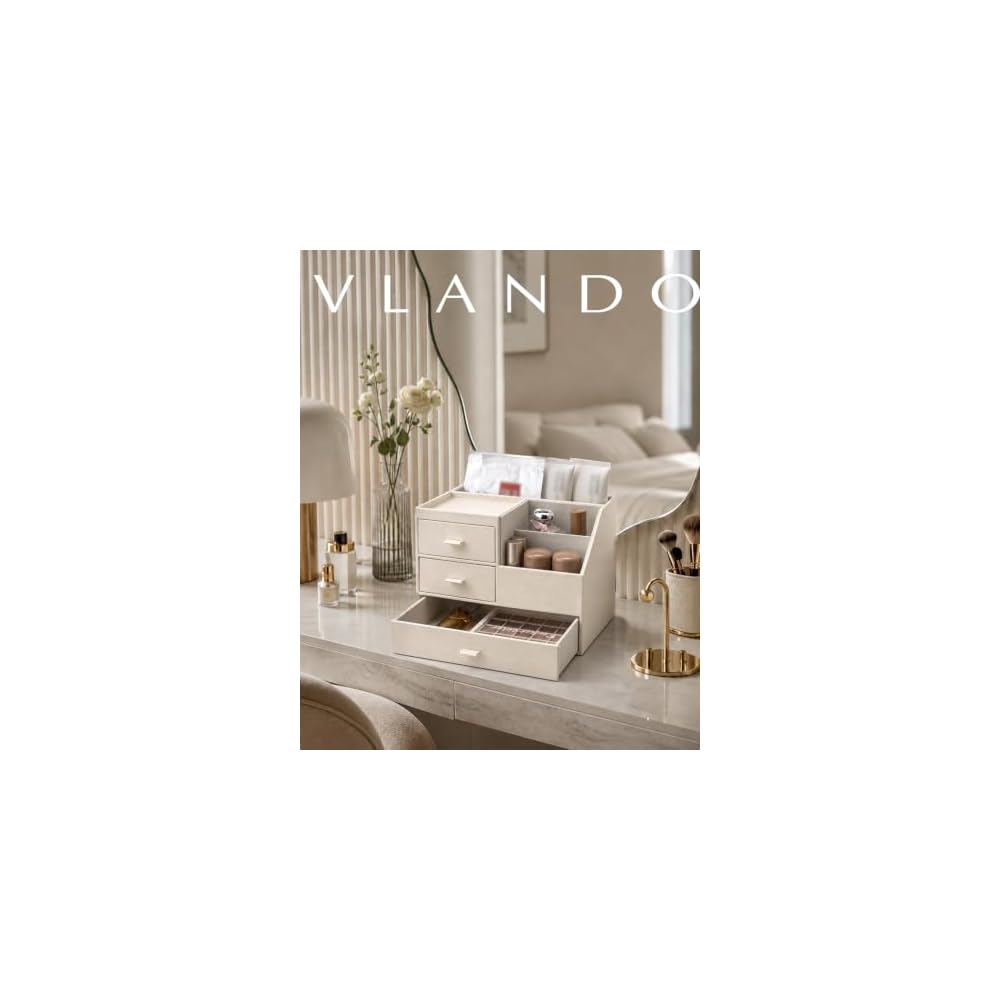 VLANDO Desk Organizer, PVC Leather, Three Drawers, Small Item Storage, Cosmetic Storage, Office,