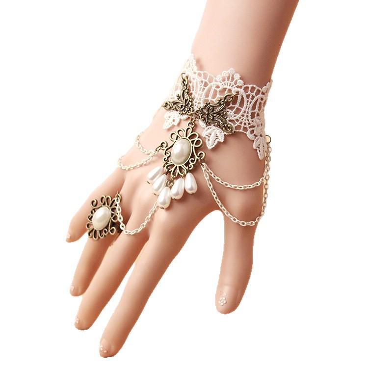 European Gothic Retro Tassel Bracelet with Pearl and Ring Chain