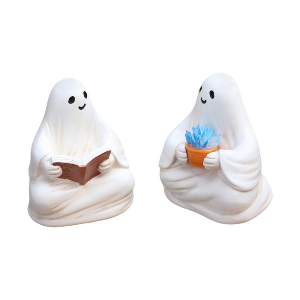 2pcs Resin Halloween Ghost Ornaments Cute Reading Ghost Statue Micro Landscape Ghost Sculpture  Gift
