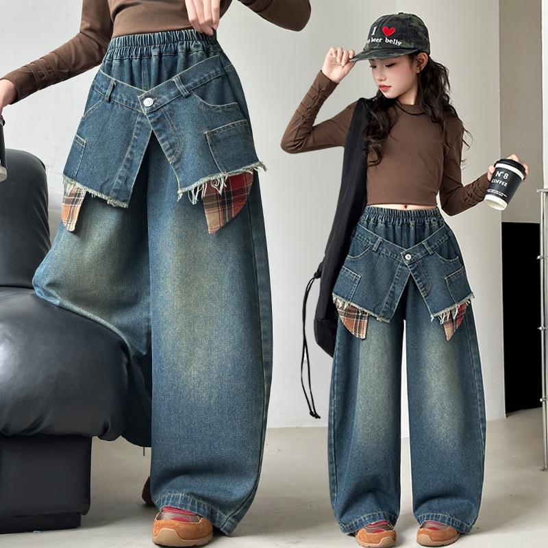 Girls' Wide-Leg Autumn Jeans - Trendy Floor-Length Trousers for Middle Schoolers