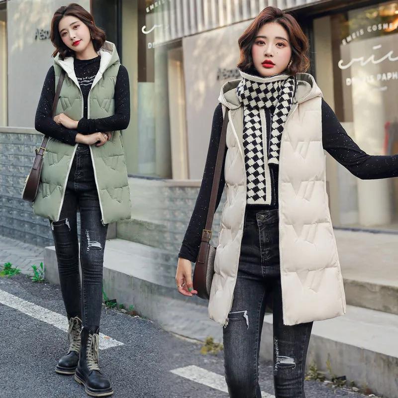 

Women s Autumn and Winter Long Hooded Warm Vest Ladies Design Simple Padded Waistcoat XS