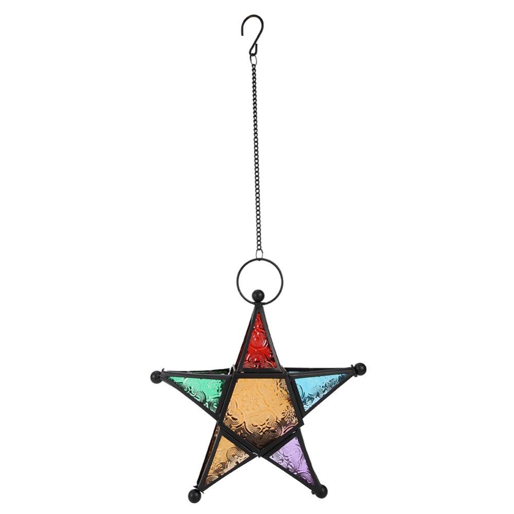 2PCS Iron Moroccan Star Lantern Star Colored Glass Wrought Iron Candle Holder Hanging Tealight Holder Patio Decoration