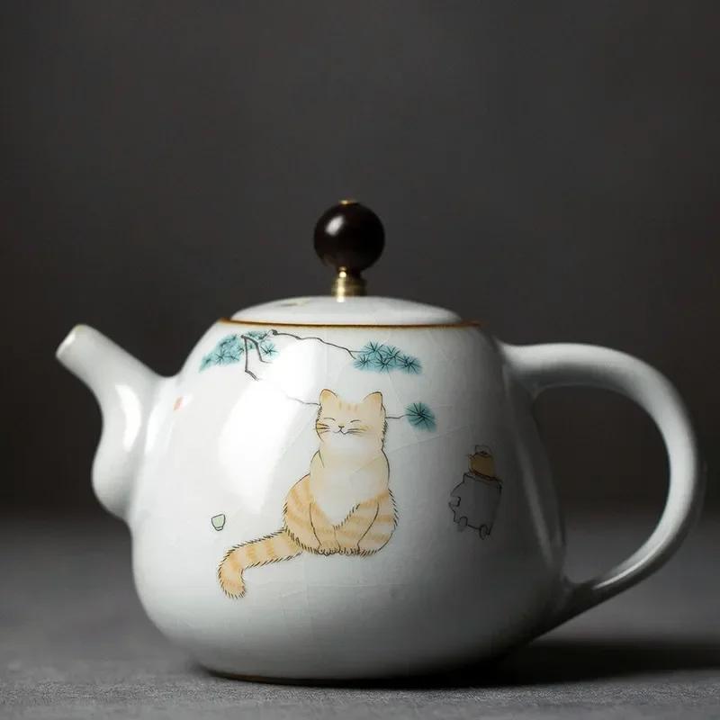280ml Tetera de Cerámica Tradicional Kiln Ru Hecha a Mano Tetera con Dibujo de Gato Lindo Tetera Portátil de Viaje Tetera con Filtro Juego de Té para el Hogar Vajilla