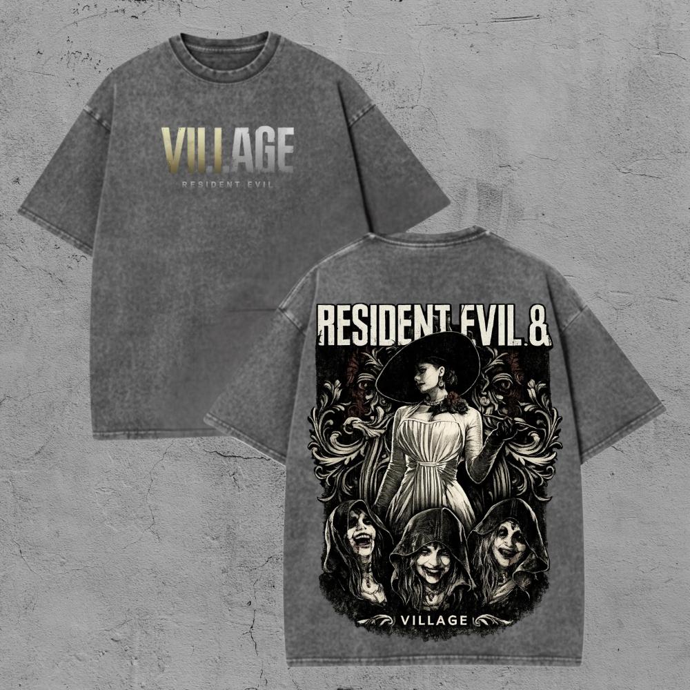Resident Evil Unisex Fit Washed T-Shirt Survival Horror Village Graphic Tee Gothic Horror Game Gamer Vintage Washed Tee