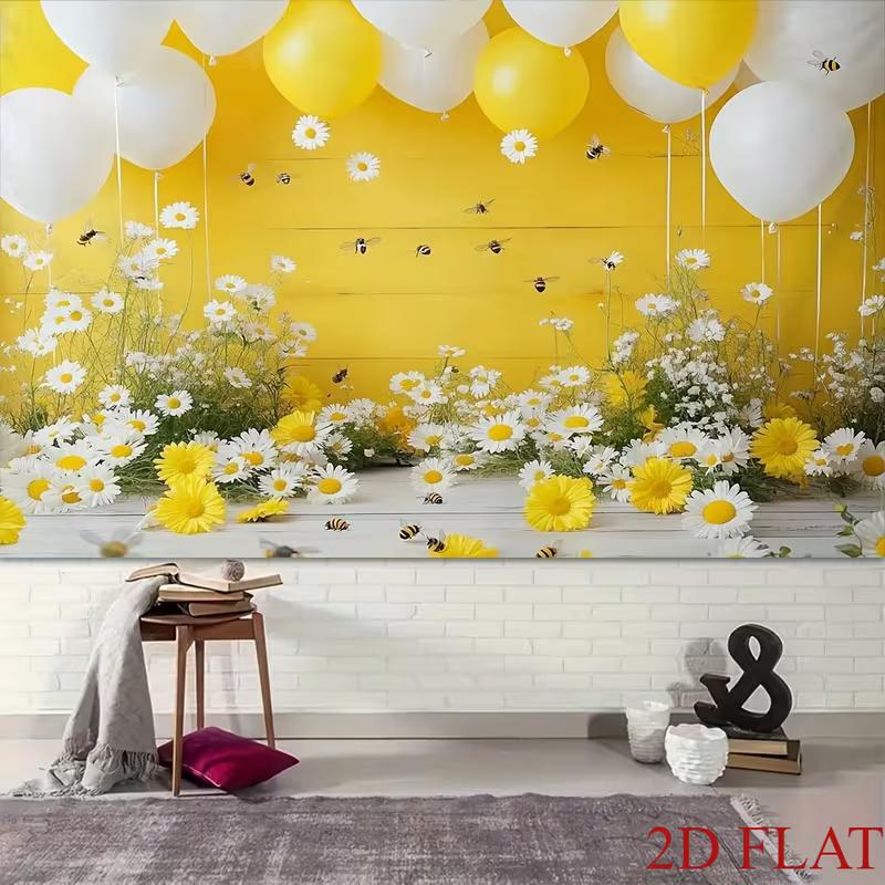 2D Flat Printing Party Backdrop Whimsical Bee and Daisy Spring Scene