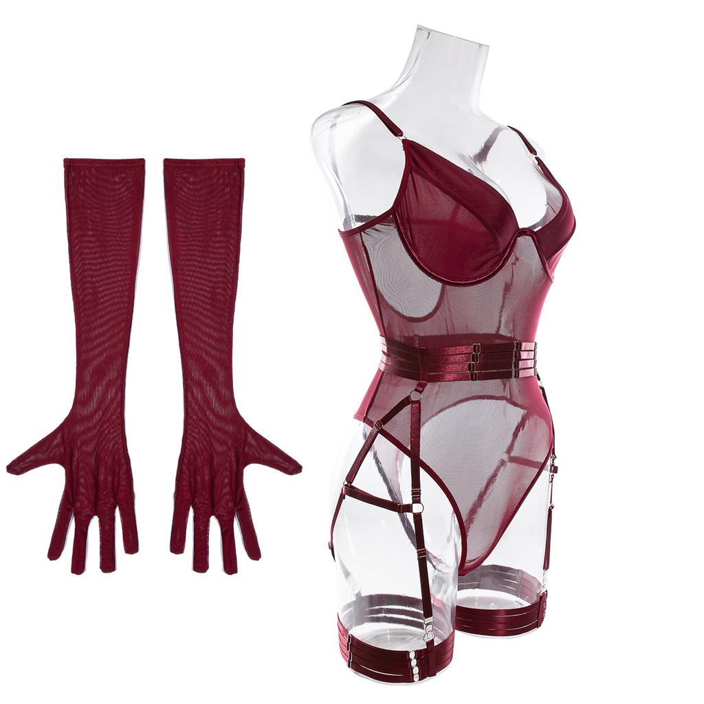 European and American Women Sexy Sheer See Through Bodysuit Patchwork Mesh Lingerie Shapewear with Straps and Gloves