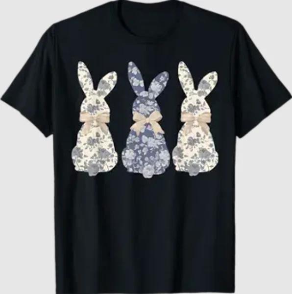 Coquette Bow Floral Blue Toile Bunny Easter T-Shirt M