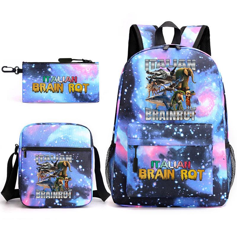 Abstract Foreign Shanhaijing Schoolbag Tongtongsahur Cartoon Primary School Student Backpack Three-piece Set D