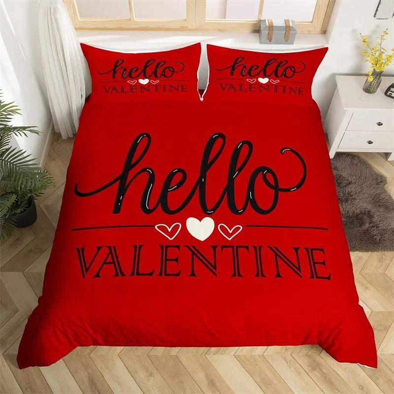 Romantic Valentines Duvet Cover King Kawaii Love Heart Theme Bedding Set Patchwork Geometric Comforter Cover Red Gnome Bed Sets