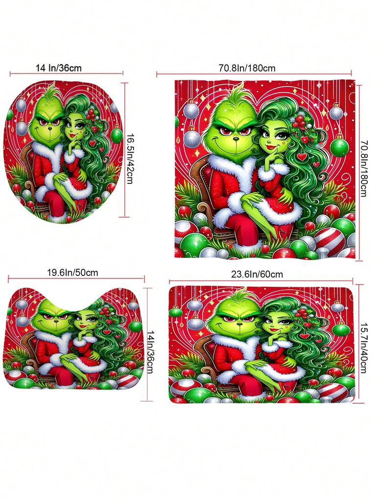 Frohe Weihnachten Cartoon Duschvorhang Hexe Badezimmer-Sets Wasserdicht Rutschfest Badezimmerteppich WC-Abdeckung Mit 12 Haken Heimdeko