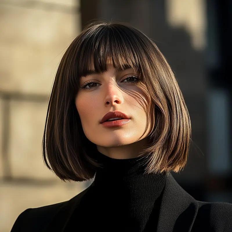 Новая стрижка боб, темпераментная короткая прямая прическа с воздушной челкой