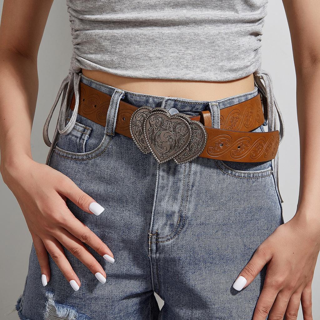 Fashionable Faux Leather Belt With Alloy Heart-shaped Buckle And Vintage Silver Double Heart Clasp Unisex Waistband