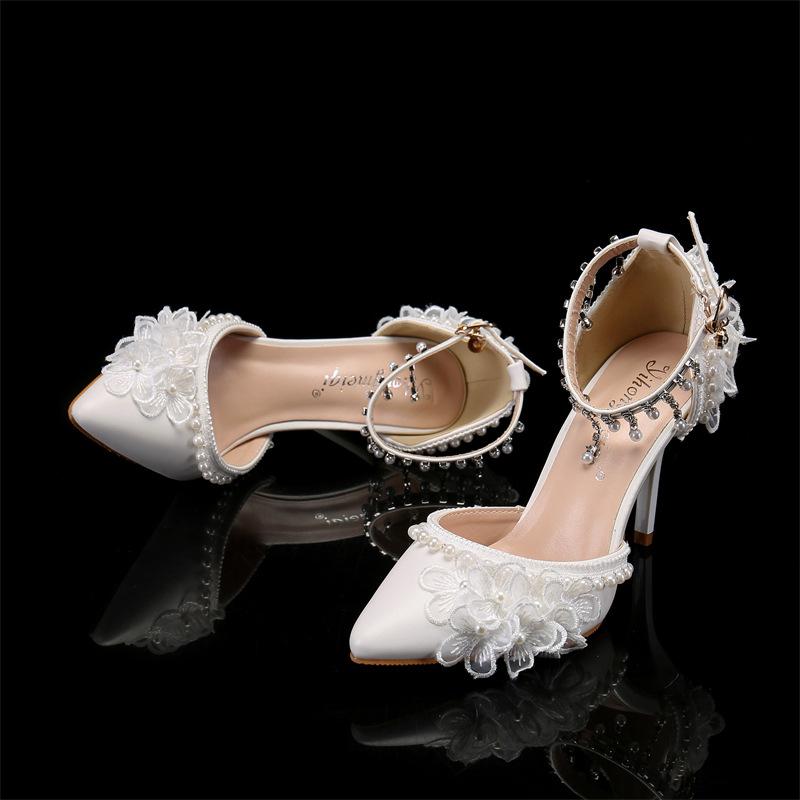 Fashion White Flower High Heel Pointed Sandals Women's Single Shoes Wedding Shoes Bride Designer Elegant Zapatos De Mujer High Heels 43