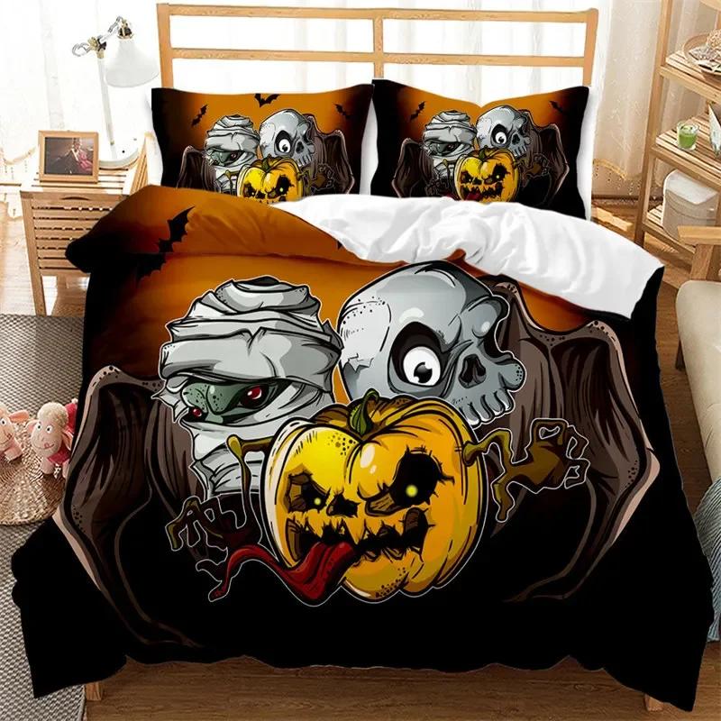 Cartoon Pumpkin Duvet Cover Gothic Halloween Skull Bedding Set Polyester Lantern Ghost Comforter Cover King For Boys Girls Decor