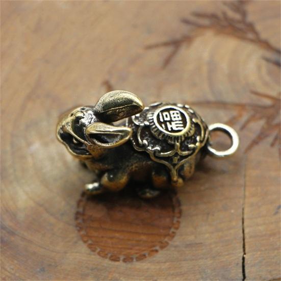 Vintage Realistic Brass Zodiac Animal Rabbit Miniature Keychain Pendant Car