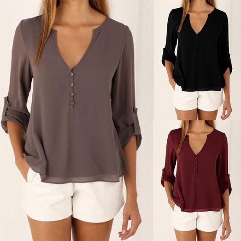 Women Casual Sexy Deep V Neck Chiffon Blouse Shirt With Slim Waist And Long Sleeves