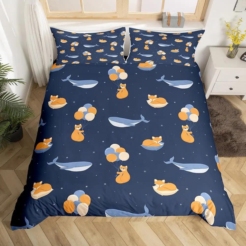 Cat Duvet Cover Set Watercolor Whale Fishing Bedding Set Ocean Sea Wave Comforter Cover Marine Nautical Themed Bedspread Cover