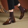 Korean Version of Women's Martin Boots Square Head Large Size Low Heel Leather Boots Women's Comfortable Square Heel Women's Boots Autumn and Wi