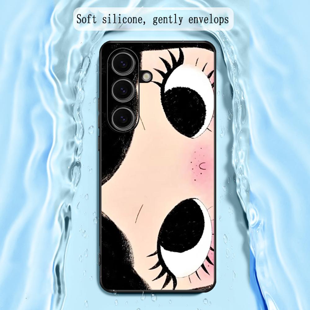 Cute Girl Cartoon Big Eye Design Phone Case For Samsung Galaxy S26 S25 S24 S23 S22 S21 Plus Ultra Note20 Soft Black