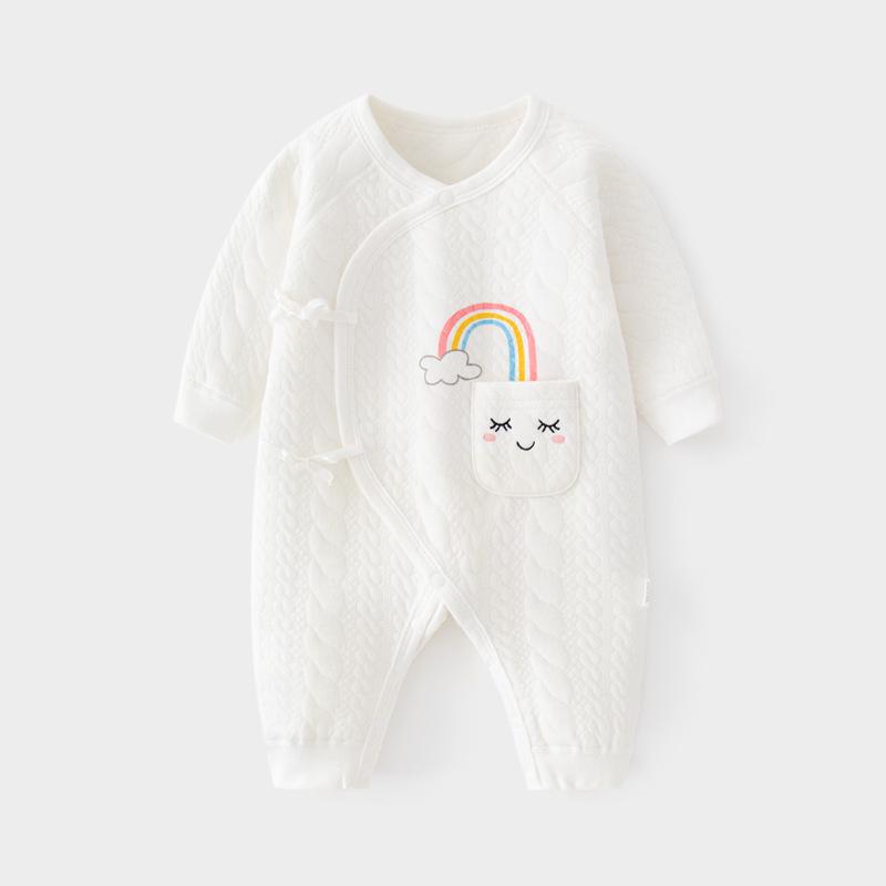 

Newborn Pure Cotton Tie-Up Bodysuit: Quilted, Warm, Easy On/Off Jumpsuit for Autumn/Winter Crawling with Belly Protection. 52cm (for 2-3.5kg, 46-52cm)